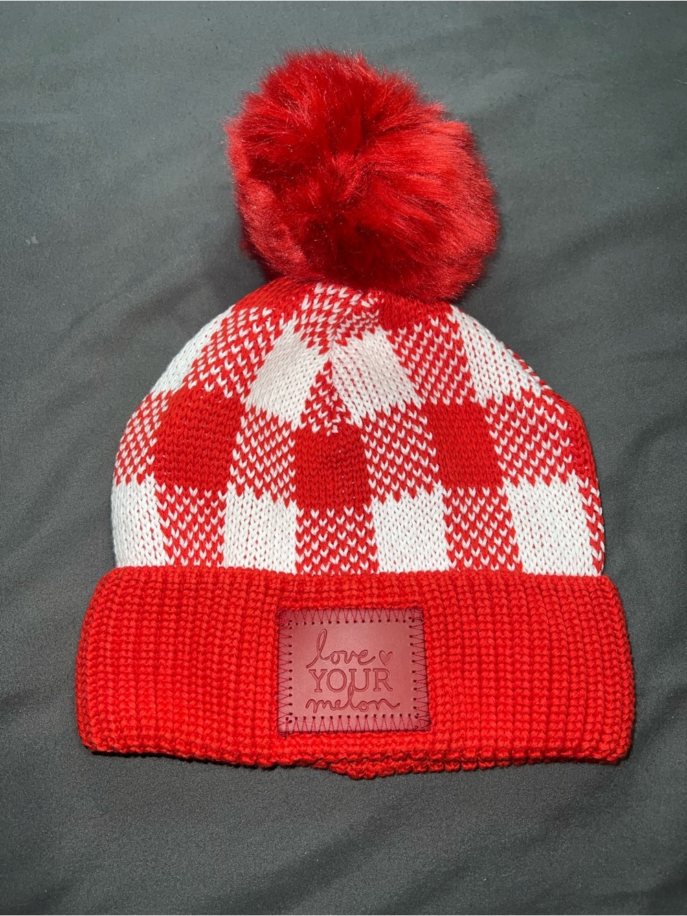 Love Your Melon Red & White Checker Pom Beanie for Aults